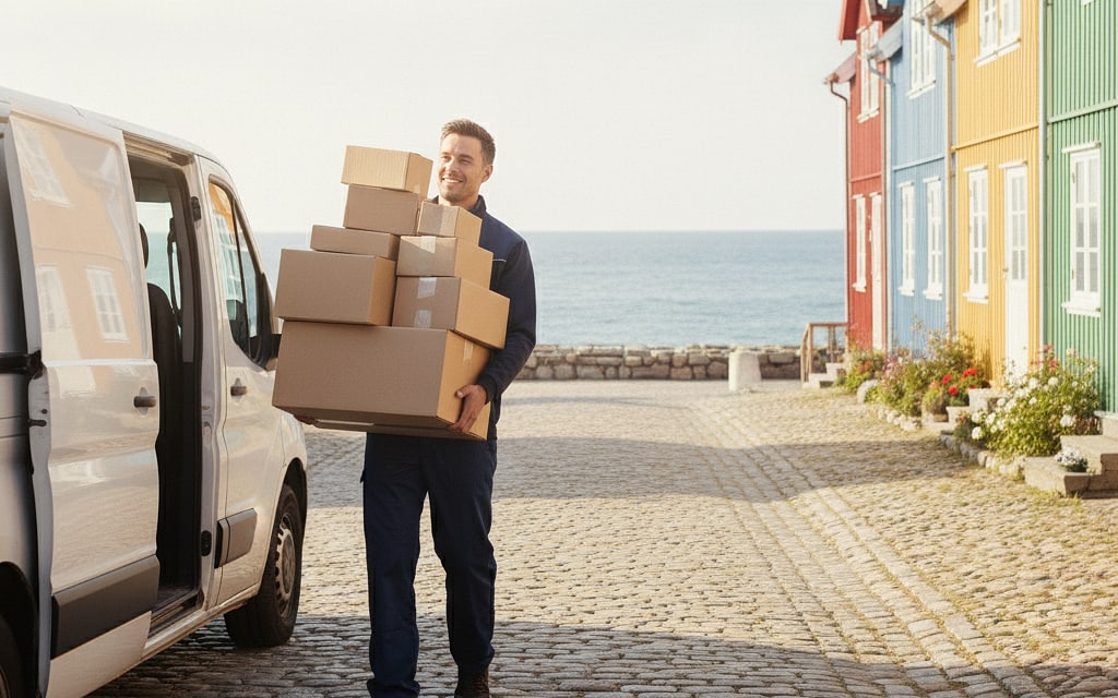 Courier carrying parcels from a delivery van on a small-town street by the water