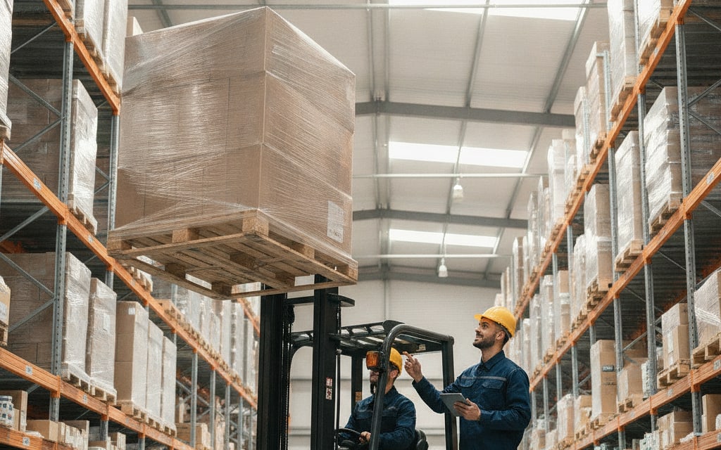 Forklift operator lifting a wrapped pallet while a colleague checks the load on a tablet