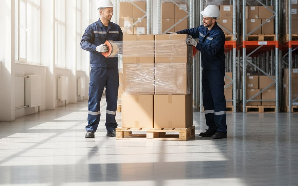 Two warehouse workers wrapping a pallet of boxes with stretch film